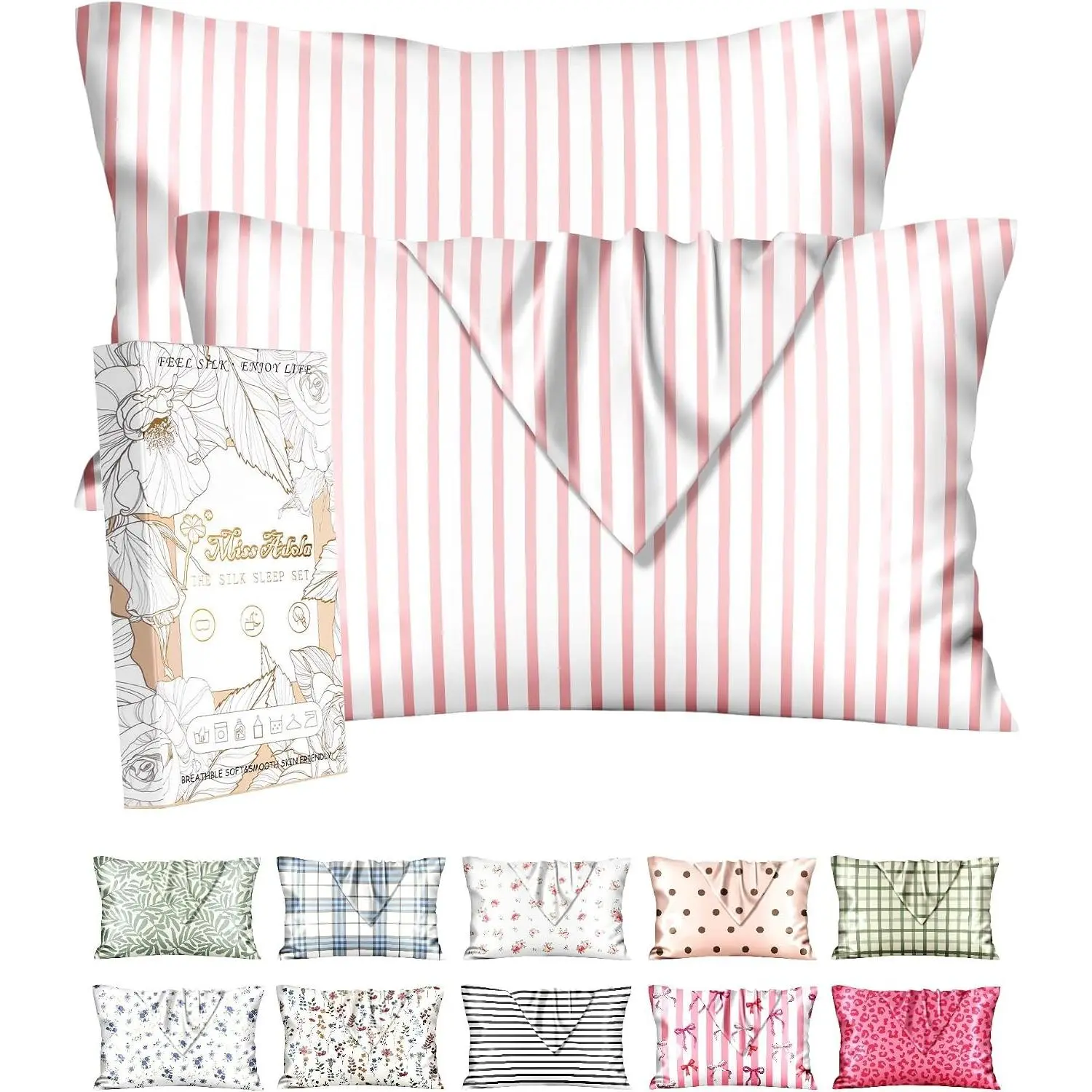 2pcs Silk Pillowcase - Mulberry Silk Pillow Case with Hidden Zipper Soft Smooth Cooling Stain Pillowcases for Hair and Skin Set of 2 Cute Fancy Patterned Pillow Cases, Pink StripesGift