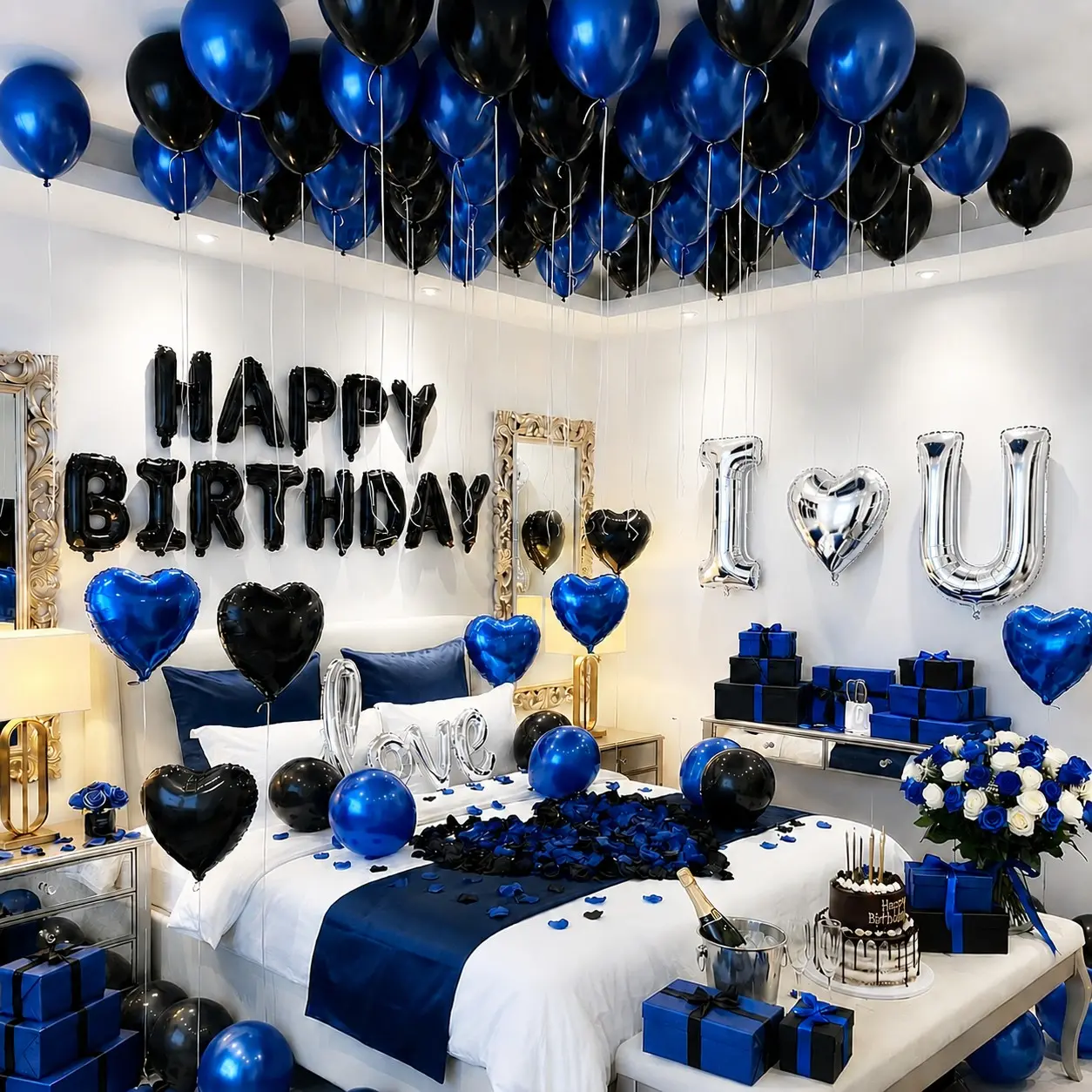Romantic Birthday Decoration Kit, I Love You & Happy Birthday Foil Balloons, Blue Black Silver Balloons with Artificial Rose Petals, Surprise Room Decor for Him, Anniversary, Valentine's Day, Hotel Room