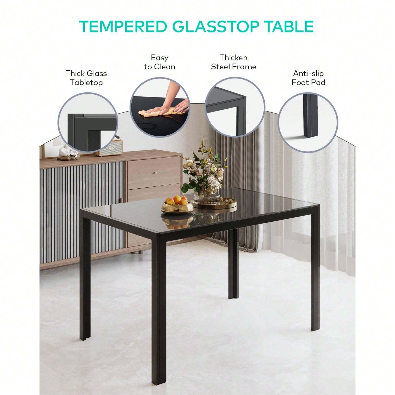 Glass Top Dining Table Set with High Back PU Leather Chairs, Available in 4-Chair & 6-Chair Options, Modern Kitchen & Dining Room Furniture Set, Comfortable Upholstered Chair Set for Living Room Restaurant Home