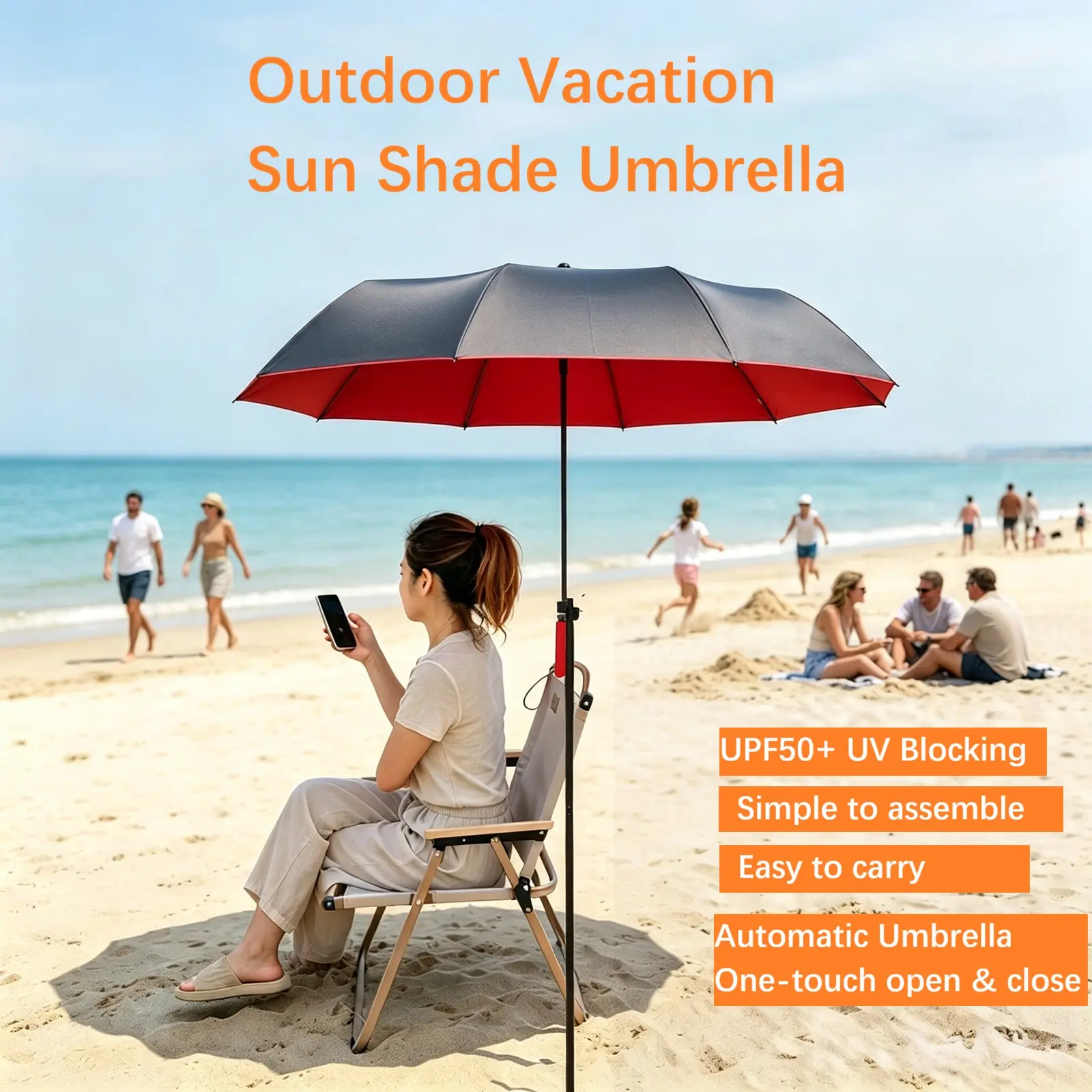 Automatic Umbrella with Stand, 49-Inch UV Protection, Beach & Camping Essential, Rain/sun Shelter, Ideal for Outdoor Activities