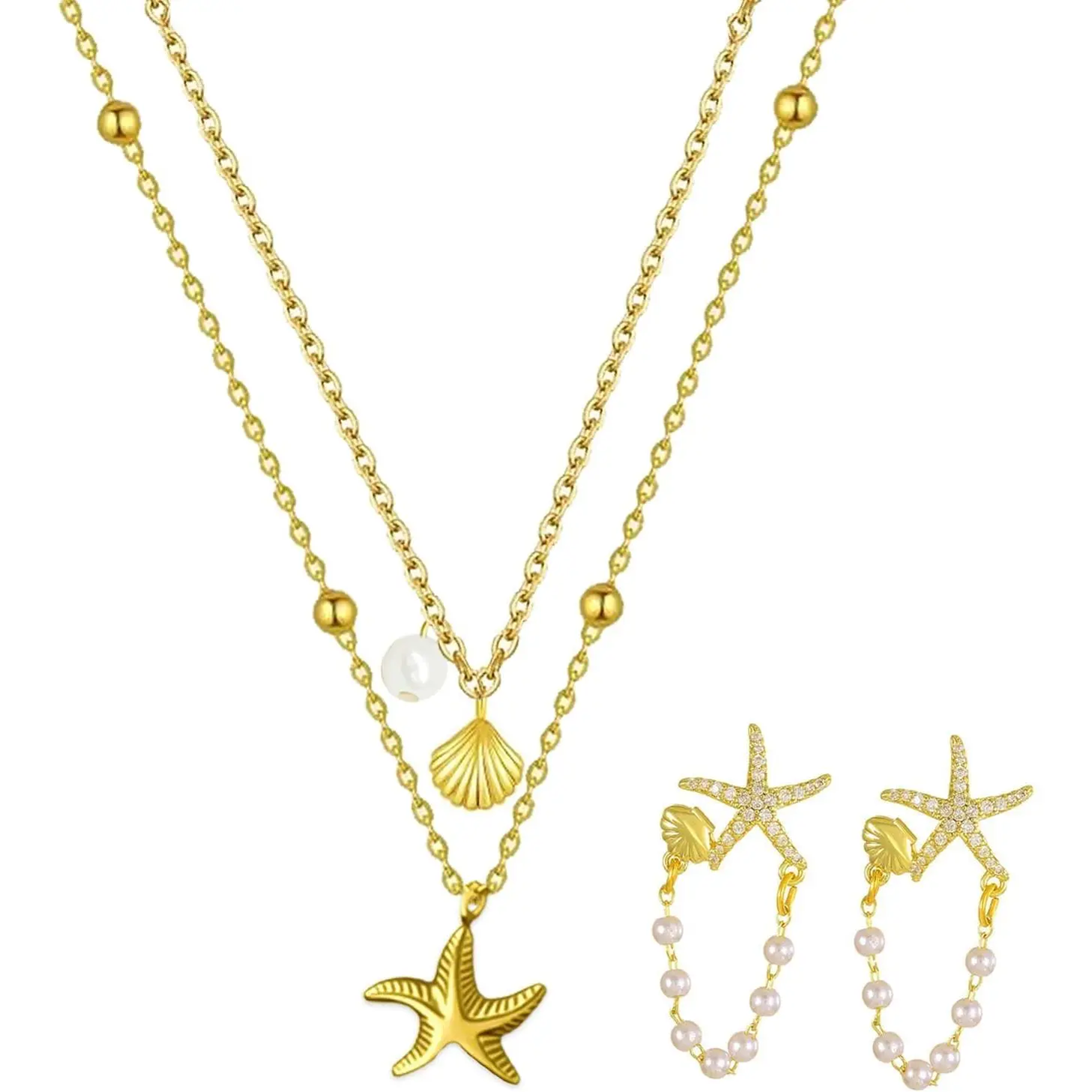 Starfish Shell Sea  Set Layered Starfish Seashell Earrings Necklace