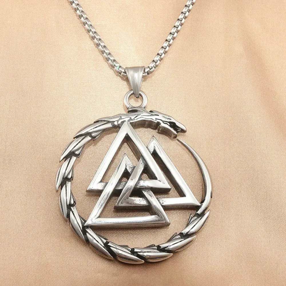 Dina Vintage Ouroboros Triangle Rune Pendant Stainless Steel Necklace Domineering Jewelry for Men European Style Wholesale