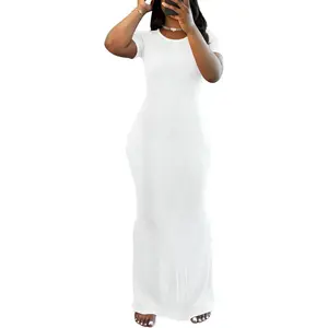 Women Summer Casual Bodycon Maxi Dress Scoop Neck Short Sleeve Long Dresses Club Party