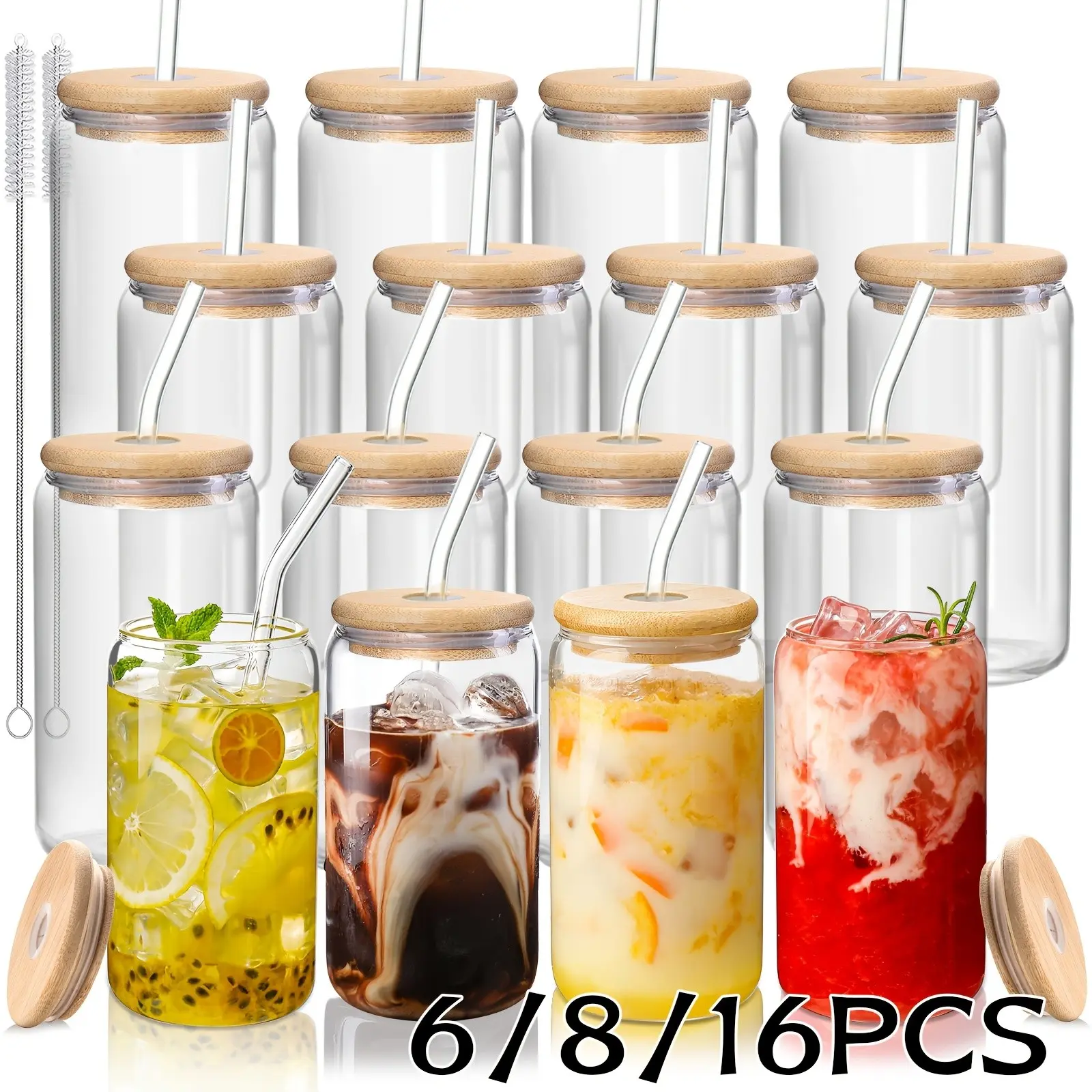 6/8/16pcs Glasses, 16oz Insulated Glasses with Lids And Straws, Jar Glasses for Gifts, Parties, Drinking Glass Sets, Iced Coffee Mugs, Cute Tea Mugs, Homemade Drinking Glasses.