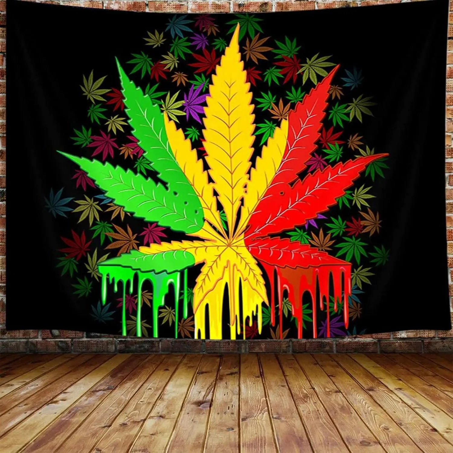 Marijuana Leaf Wall Hanging, Weed Psychedelic Tapestry for Bedroom, Reggae Rasta Tie Dye Jamaica Tapestry Trippy Rastafarian Mexico Red Yellow Green Home Decor flower pattern dark background