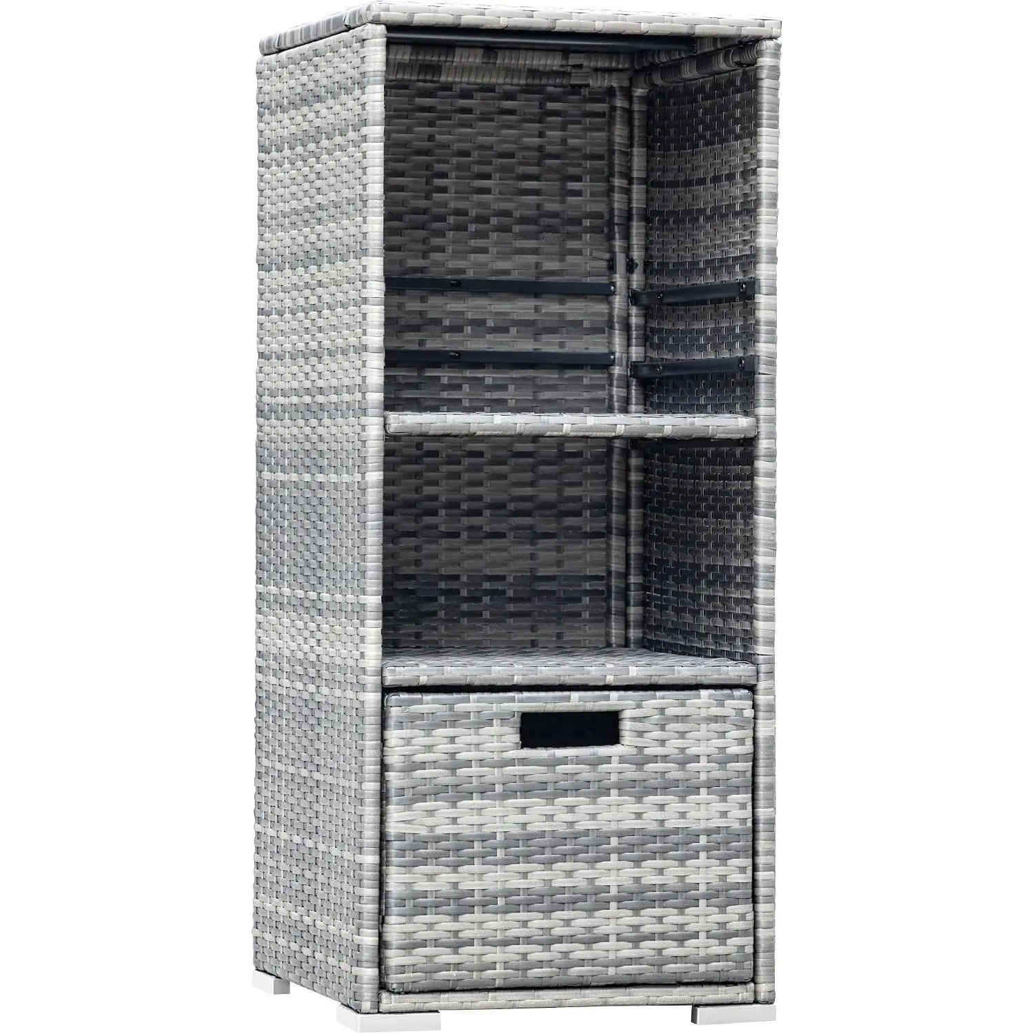 Outdoor Waterproof Rattan Wicker Organiser Storage Unit, Pool Towel Rack with Adjustable Shelves, Drawer, Locking Bars & Woven Texture (Grey)