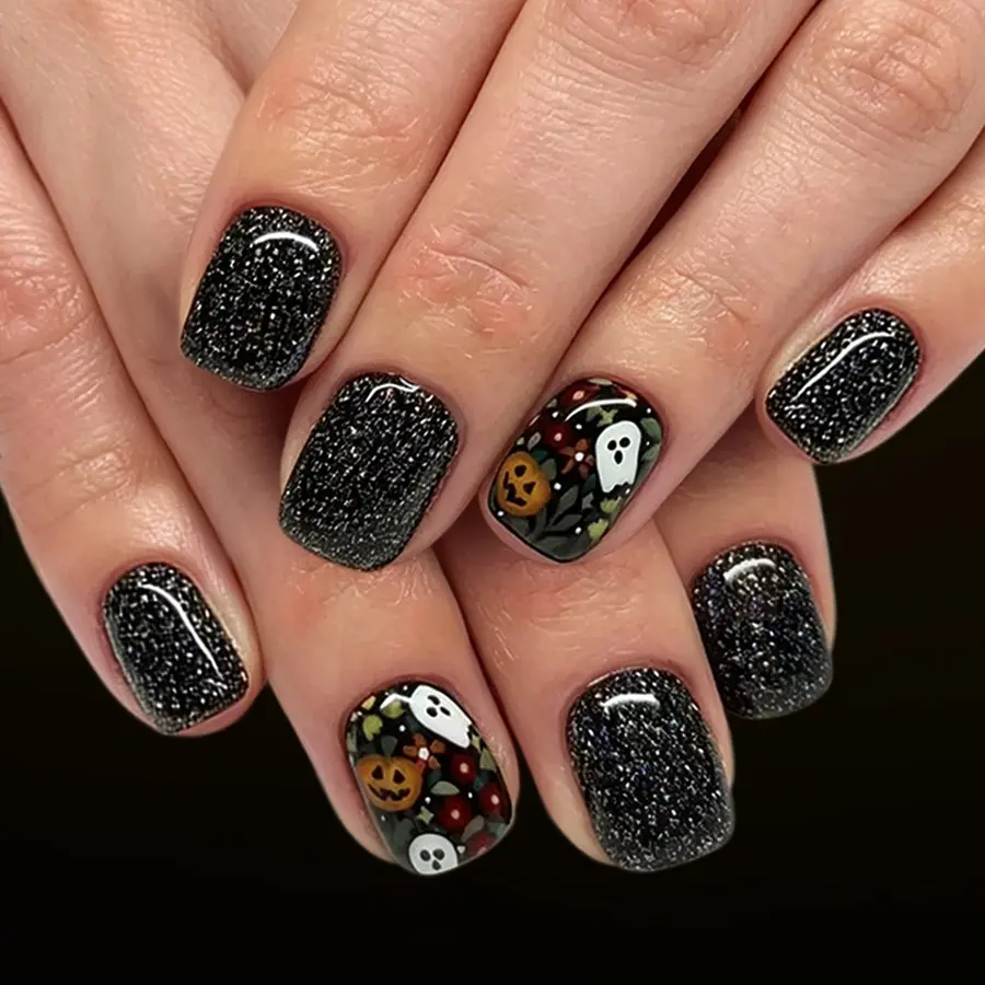 24pcs Short Square Nails, Glitter Pumpkin Ghost Flower Branch Press-On Nails, Reusable Halloween Nail Art for Women and Girls