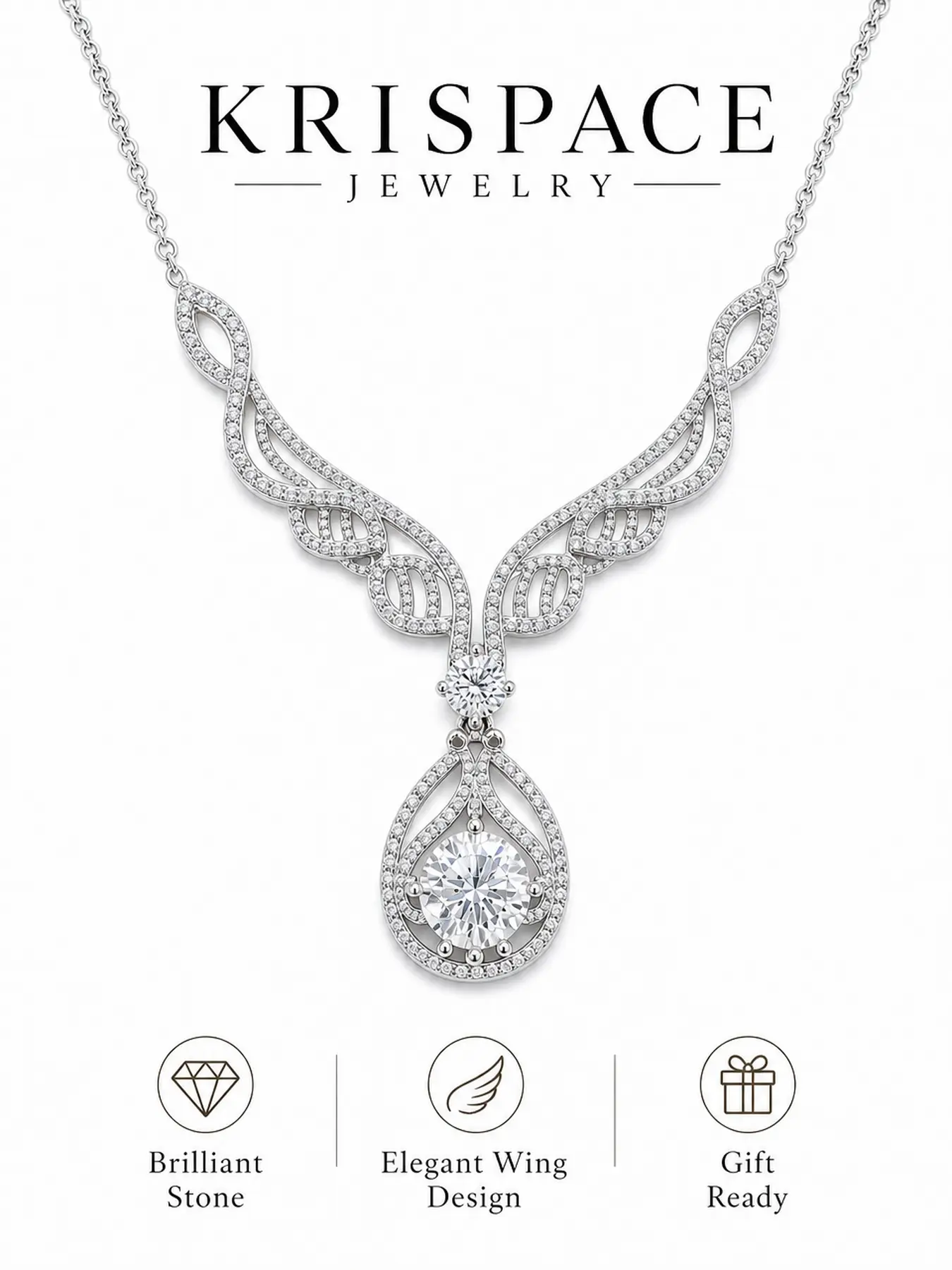 S925 Sterling Silver White Gold Color Angel Wing Drop Moissanite Pendant Fancy Link Chain Necklace for Women, Elegant Sparkling Teardrop Necklace Jewelry Gift