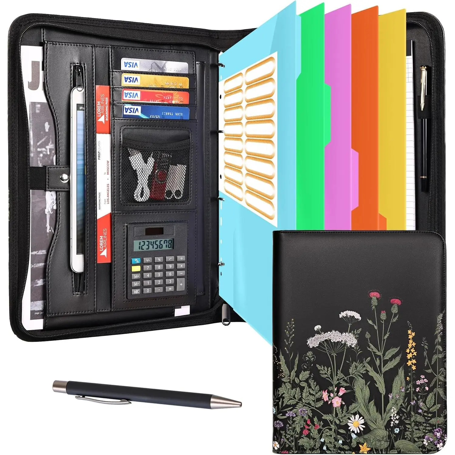 padfolio Portfolio Binder - 3 Ring Binder with Zipper, Vegan Leather | Includes 5 Colorful Sheet Protectors for Documents & Diles, 1 Pen, and 1 A4 Notepad, Designed for Women and Men