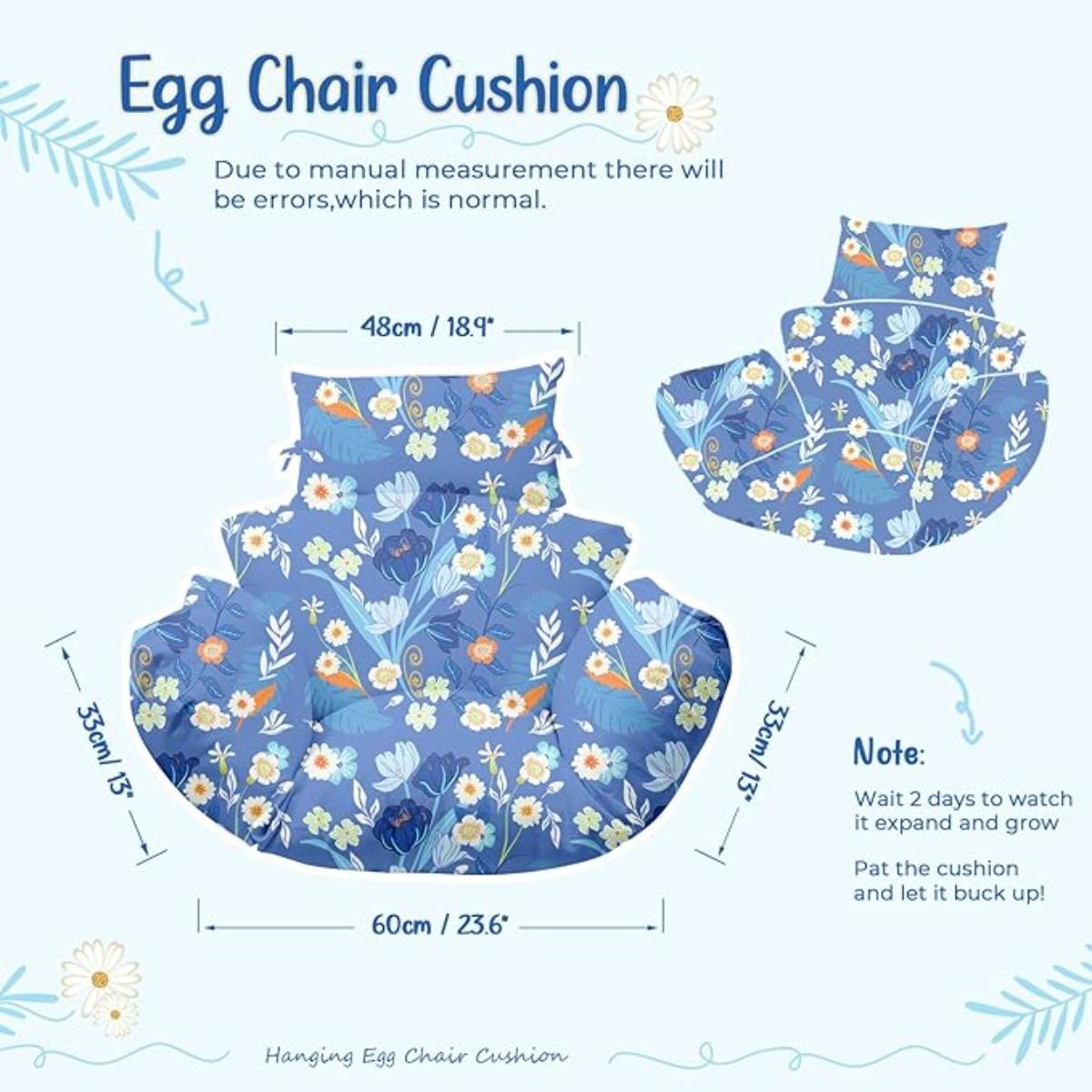 Waterproof Egg Chair Cushion Replacement 47x31.5x4.7 inch Thicken Hanging Egg Swing Chair Cushion Indoor Outdoor Wicker Rattan Hammock Basket Cushion with Headrest Pillow, Blue Peony