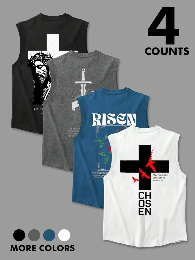 Men's Jesus Print Tank Top, Regular Fit Casual Sleeveless Round Neck Top for Daily Wear, Men's Clothes for All Seasons, Tank Tops Workout