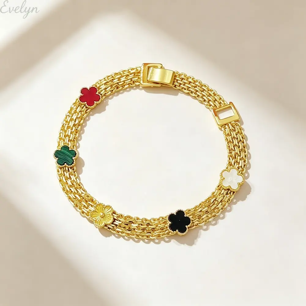 Gold Tone Multi Row Mesh Bracelet for Women, Colorful Enamel Four Leaf Clover Lucky Charm Wrist Jewelry, Vintage Quiet Luxury Stackable Bracelets, Tarnish Resistant Daily Evening Party Wedding Accessory Gift for Her