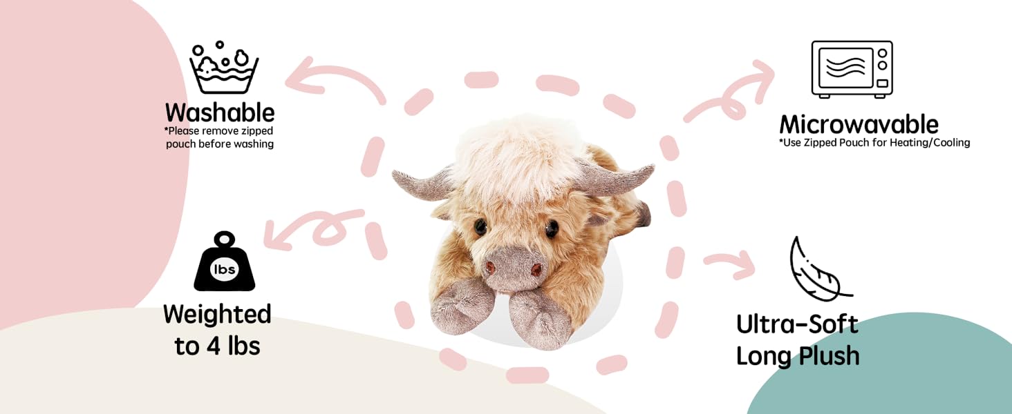 20"|   4 Pounds Highland Cow Weighted Stuffed Animals with Unscented Microwavable Heating Pad, Cute Coolable Heatable Weighted Plush Warm Gift for & Adults