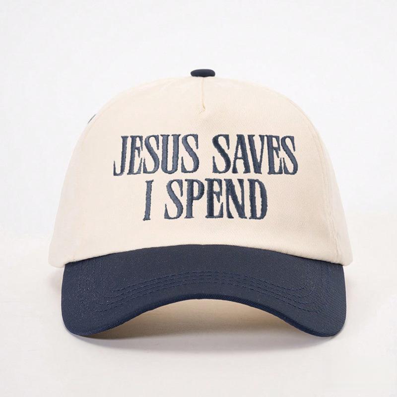 2026 trendy hat, featuring the embroidered "JESUS SAVES ISPEND" pattern, a baseball cap with a contrasting color design, adjustable and unisex unisex hat