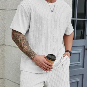 KZZ Men's Premium 2-Piece Lounge Set - Solid Textured Drop Shoulder Tee & Drawstring Shorts, Loose Fit, Machine Washable, Spring Summer Clothes Shortsleeve Pink Menswear christmas gifts for him