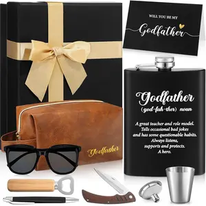 Chengu 9 Pcs Father's Day Godfather Proposal Gift Will You Be My Godfather Padrino Gift Set with Box Flask Cards Sunglasses Leather Bag Bottle Opener Folding Knife Pen from Godchild Baptism(Goddad)