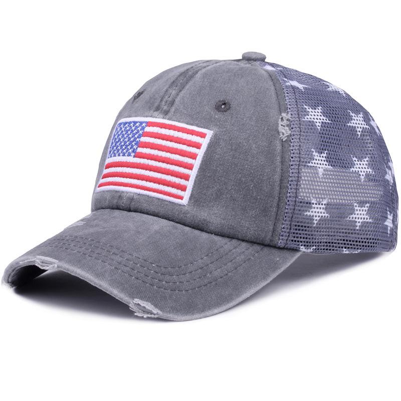 Washed cotton vintage baseball cap with embroidery, American flag embroidered cap, mesh cap, five-pointed star mesh cap