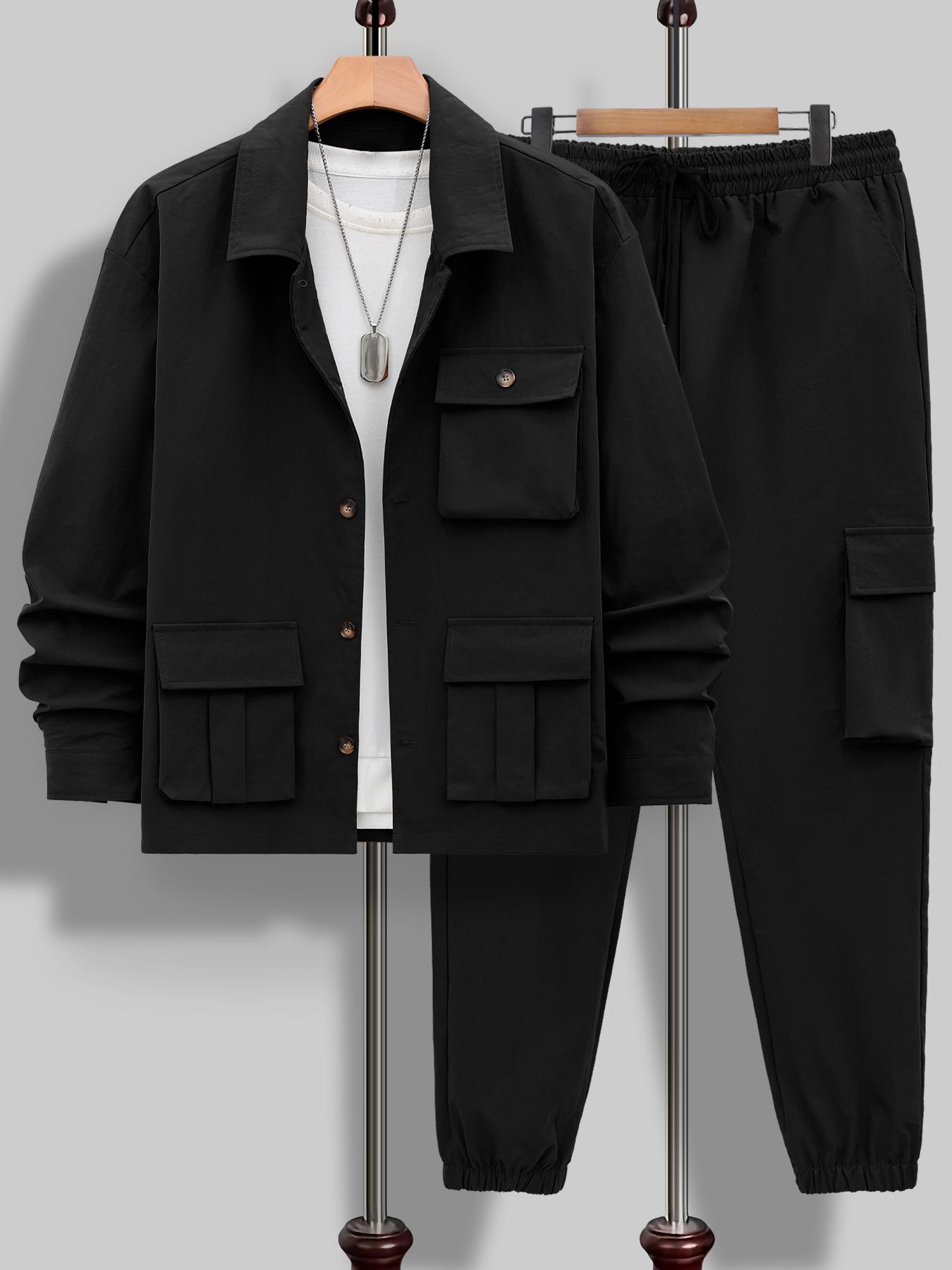 Men's Solid Color Pocket Button Front Shirt & Pants Two-Piece Set, Casual Lounge Set, Casual Long Sleeve Collar Top & Trousers Set, Men's Spring & Fall Clothes