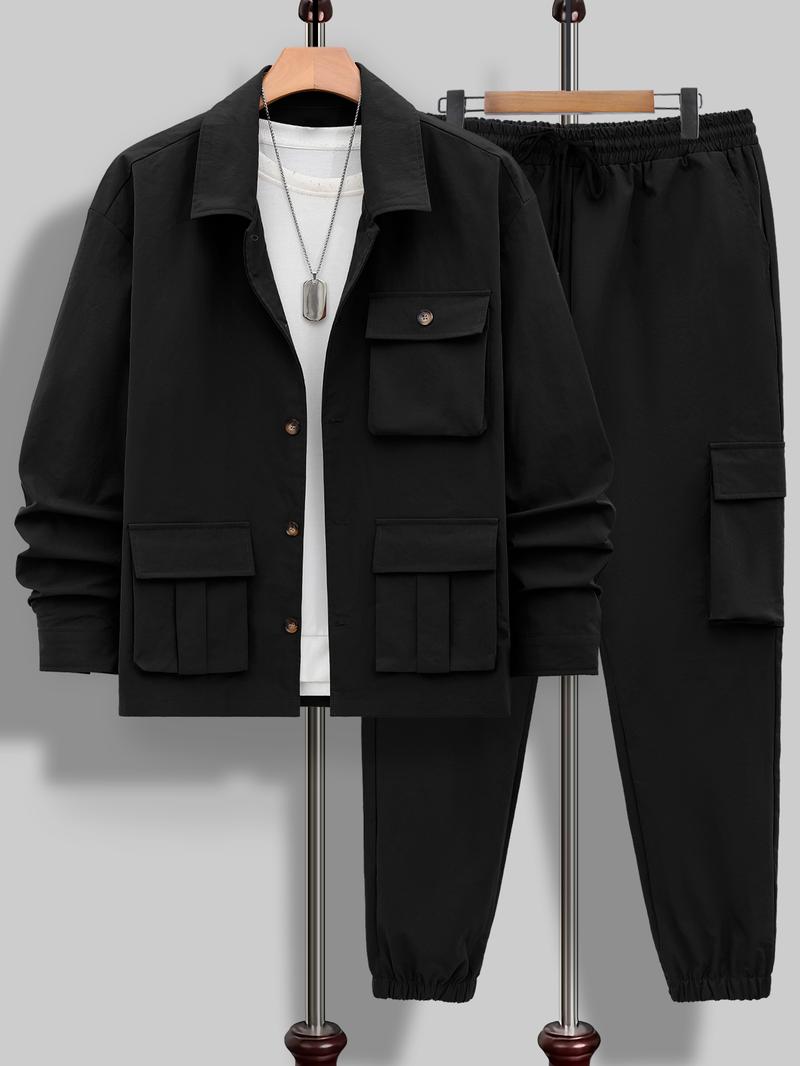 Men's Solid Color Pocket Button Front Jackets & Pants Two-Piece Set, Casual Long Sleeve Collar Top & Trousers Set, Men's Spring & Fall Clothes