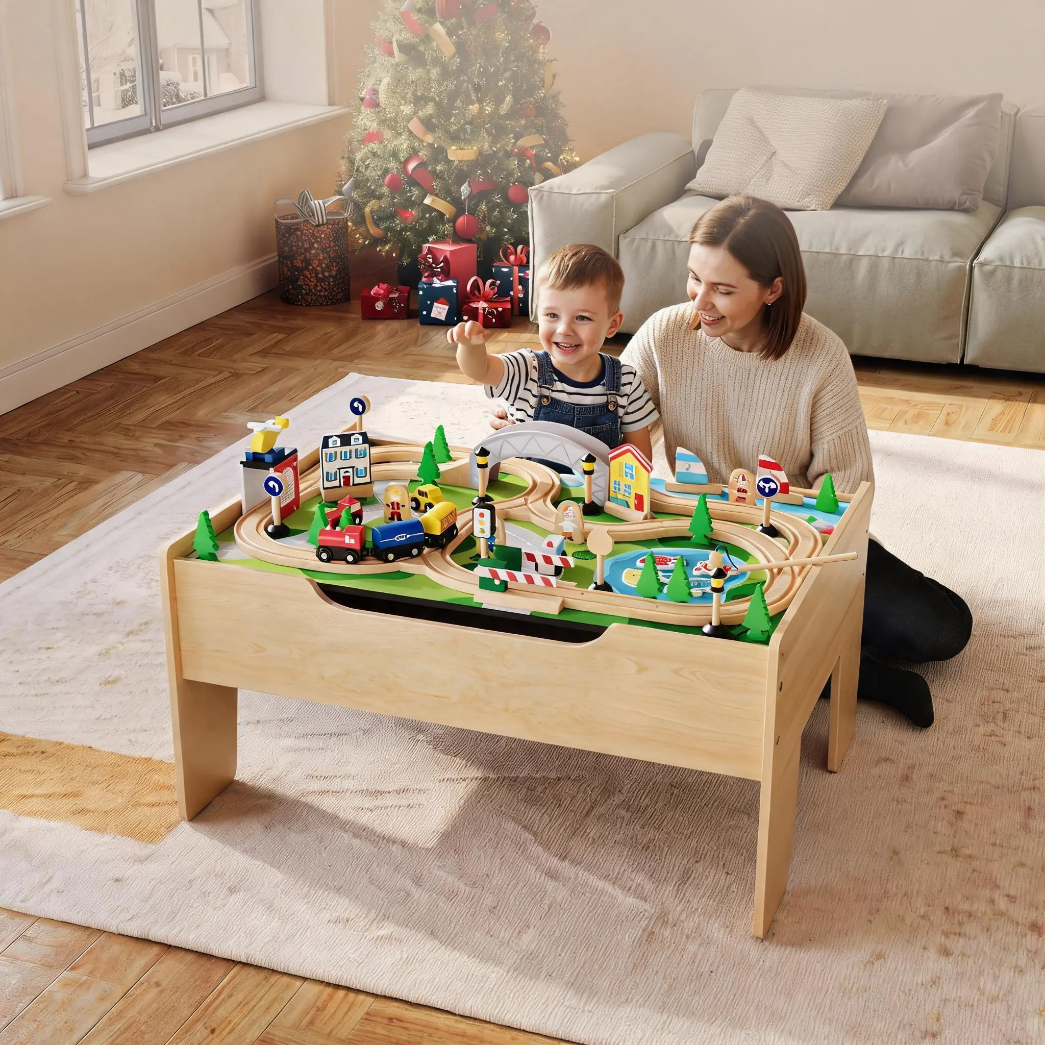 Multipurpose Wooden Train Table Set for Kids – 78/84-Piece Activity Play Table with Reversible Top, Complete Train Track Set – Durable Natural Wood Educational Toy