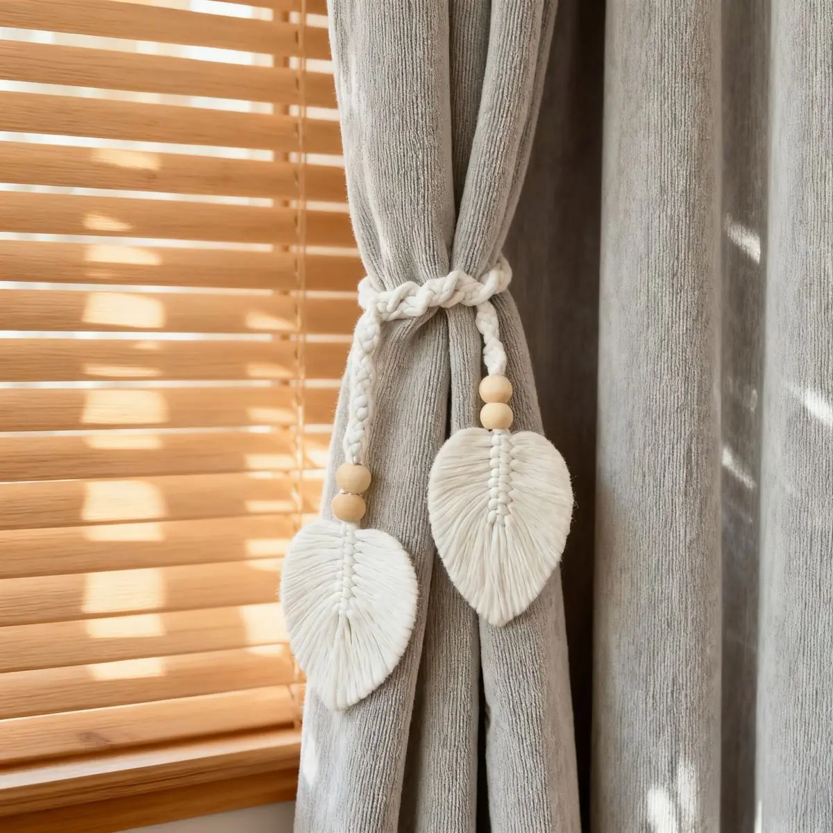 Boho Macrame Leaf Curtain Tiebacks, Hand Woven Wooden Bead Window Drapery Holdbacks, Farmhouse Decor Curtain Tassel Straps, 7 Colors Available Total Length 80cm