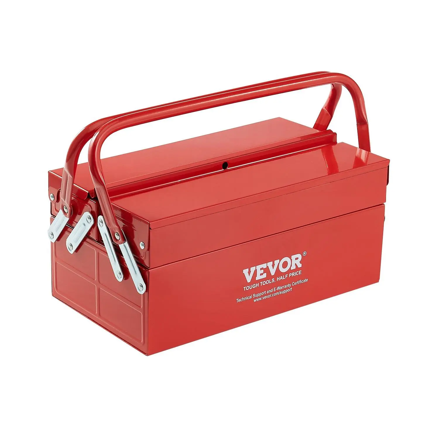 VEVOR Metal Tool Box, 14-inch, 2-Tier 3-Tray Portable Folding Tool Chest Organizer with Handle & Lock Hole, Powder Coated Steel, Cantilever Toolbox for Household Factory Warehouse Repair Shop, Red