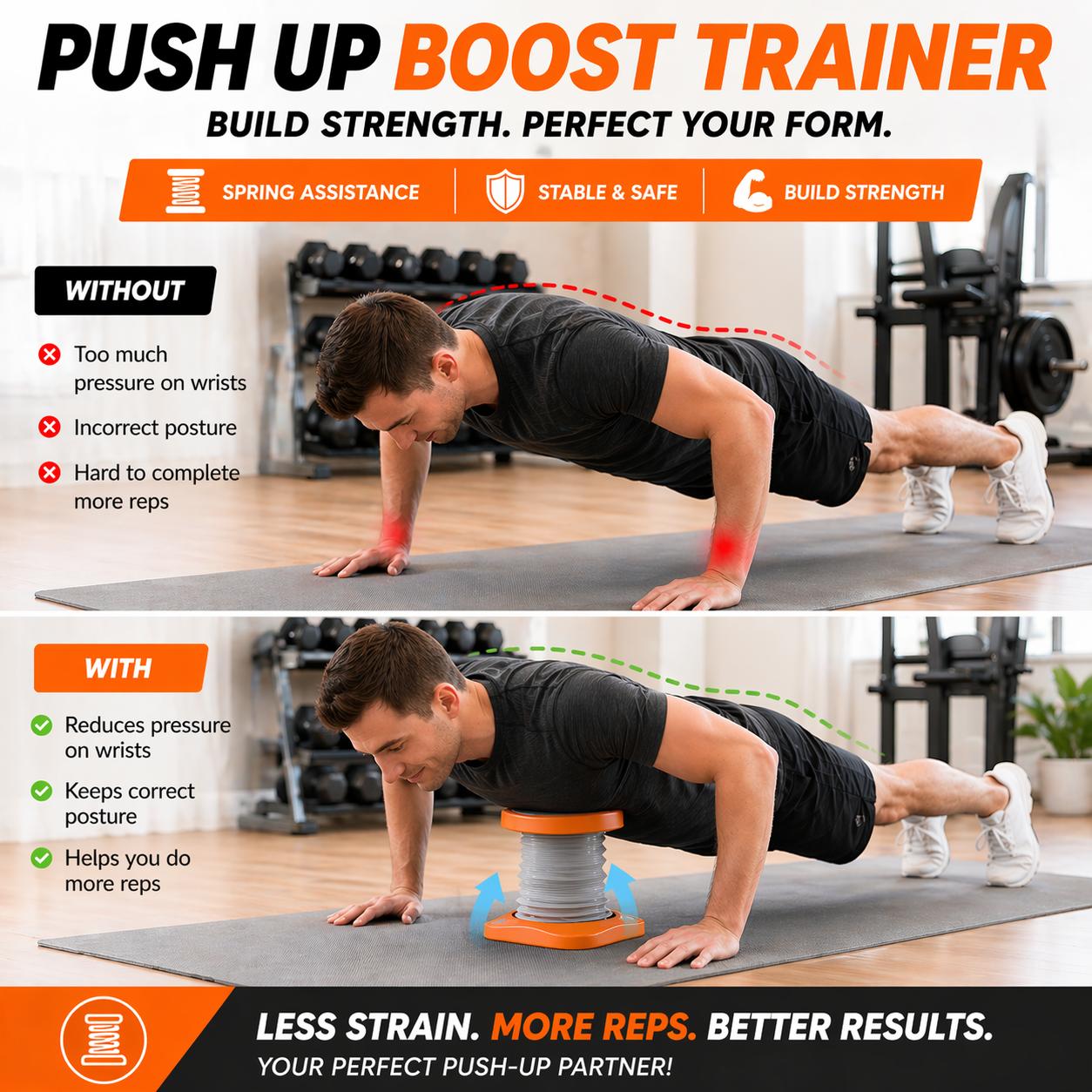 Unisex Plastic & Stainless Steel Spring Assist Push Up Trainer for Beginners - Home Use Fitness Workout Accessories, Functional/Muscle Training Equipment with Waist-Core Support, Body Weight Load Reducer, Compact Chest Workout Trainer for Upper Body