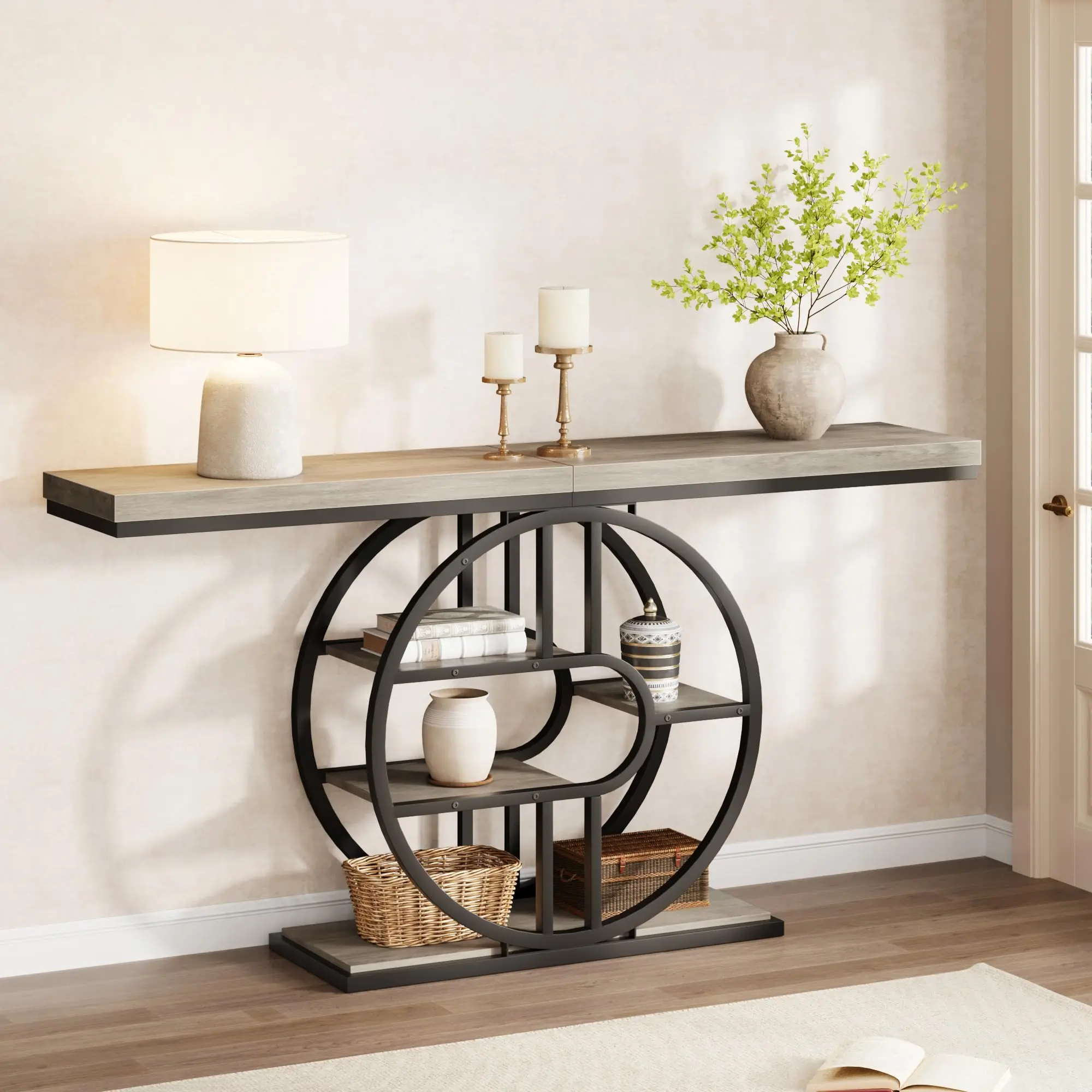 Garvee Entryway Table, 55 Inch Console Table, 4-Tier Behind Couch Table with Circle Shelves, Narrow Console Tables, Console Table with Storage, Sofa Table, Grey