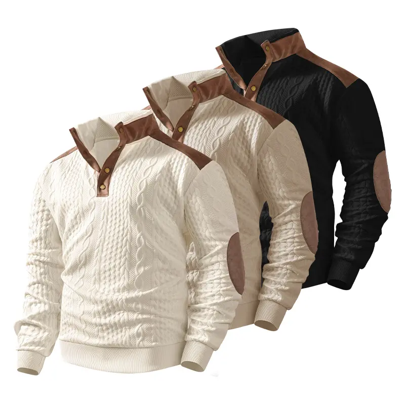 2026 Autumn American Style Men's Polyester Patchwork Cable Knit Sweater, Casual Stand Collar Solid Color Fashionable Versatile Pullover, Ghibli Studio Inspired Fits Sweatshirt Top, Polyester Fits