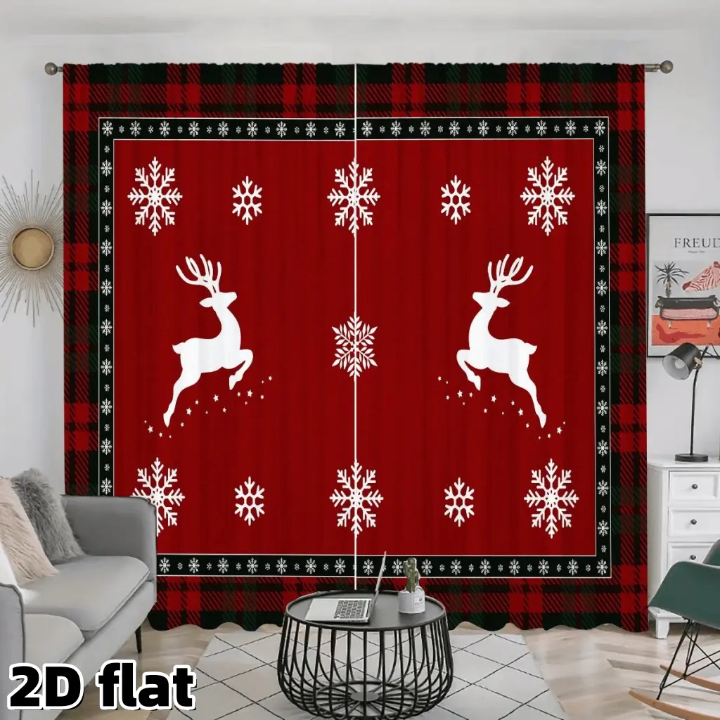 2D Flat 2Pcs Christmas Plaid Curtains Red Green Buffalo Check Pattern Snowflake Reindeer Design Blackout Window Drapes for Living Room Bedroom Holiday Winter Home Decor Treatment Panels Accessory