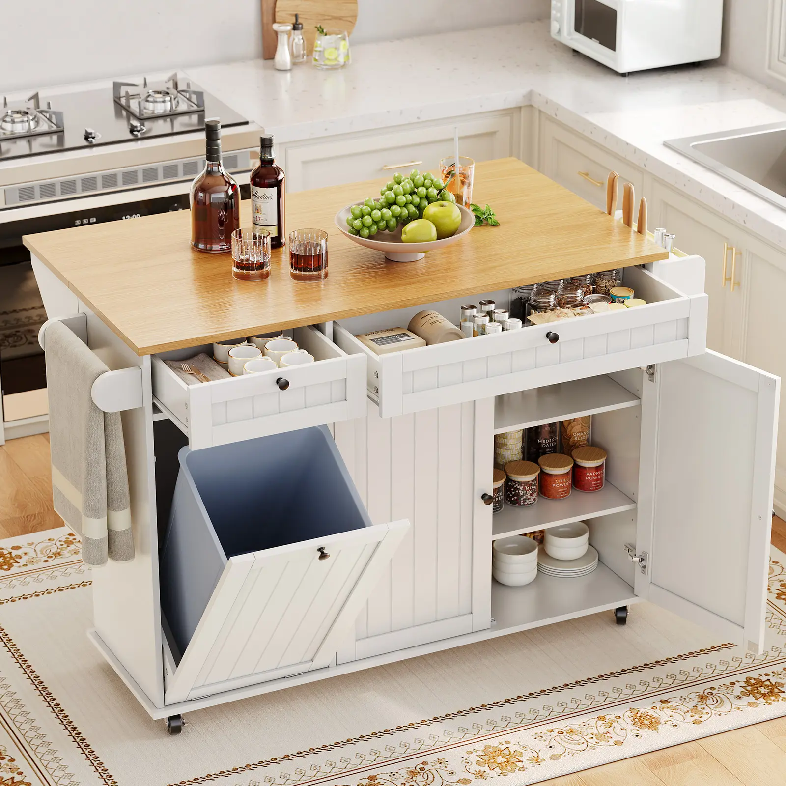 Kitchen Island with Foldable Drop Leaf, 55" Wide Rolling Island Table on Wheels with Towel Rack, Spice Rack, Knife Holder & 10 Gallon Trash Can Storage, White/Black/Brown