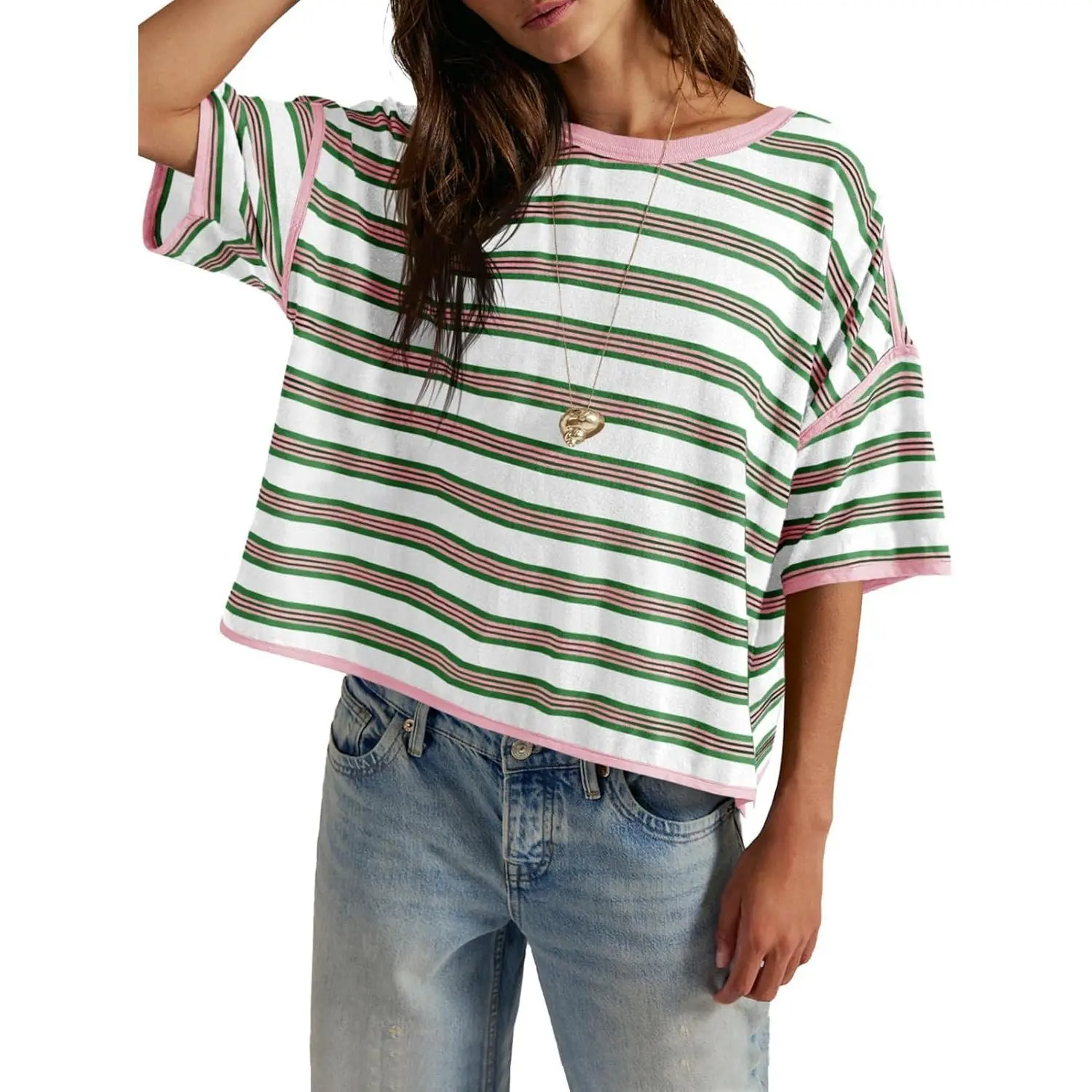 Fashare Oversized Womens Striped T-Shirts Summer Casual Color Block Short Sleeve Tops Drop Shoulder Boxy Tees