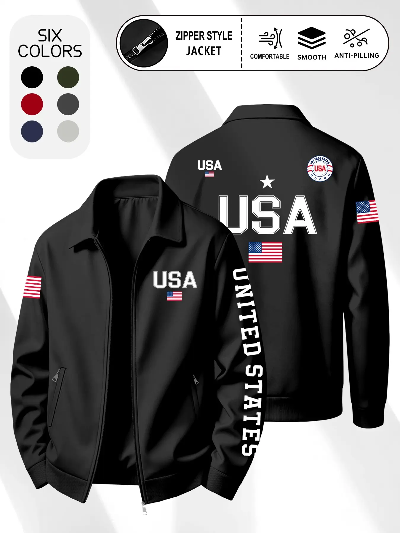 Men's Zipper Long Sleeve Jacket, American Flag Lapel Pocket Coat, Anti-Pilling Casual Fashion, Spring & Fall, Daily Commute, Outdoor, Street Style