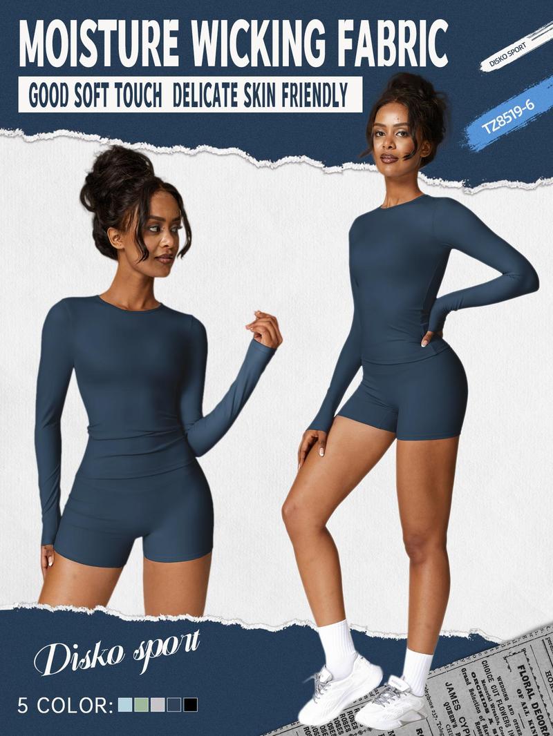 Women's Solid Round Neck Sports Tee & High Waist Shorts Tracksuit Set, Long Sleeve Tight-fitting Top & Skinny Shorts, Summer Outfits 2024, Ladies Sportswear for Indoor Outdoor Wear