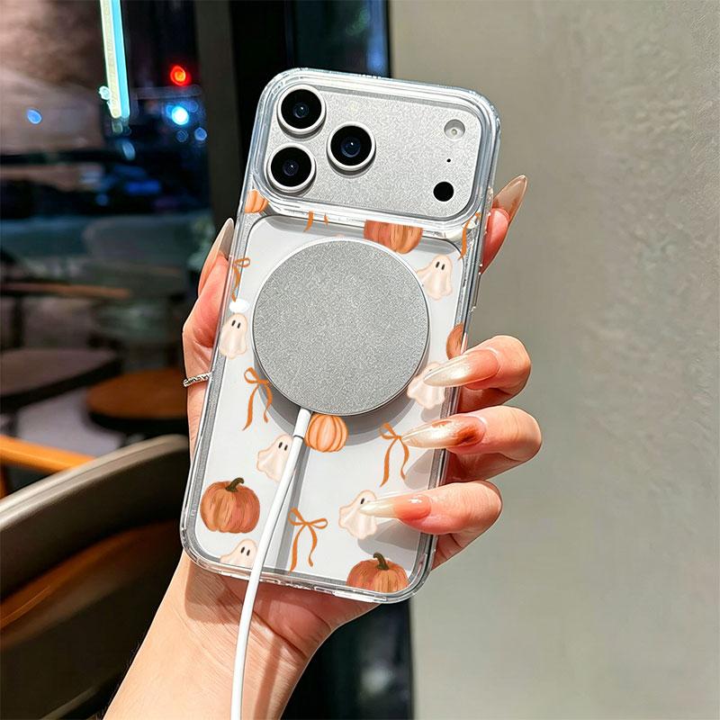 Watercolor Ghost Pumpkin Orange Bow TPU+PC Phone Case - Halloween Art for iPhone Series (17,16,15,14,13,12,11 Plus Pro Max) - Cute Autumn Tender Surprise Gift