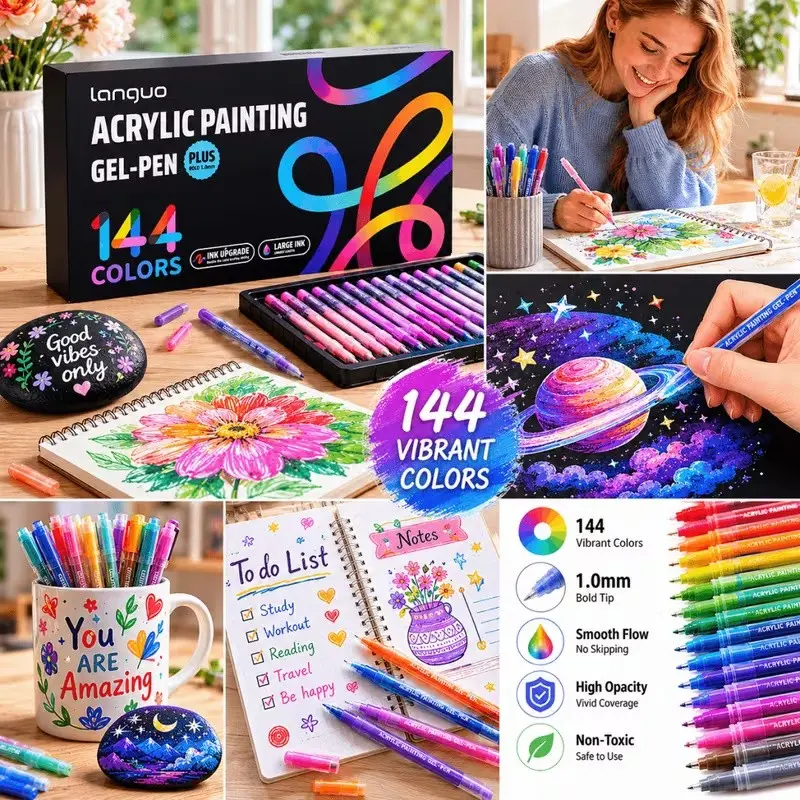 144 Color Gel Pens Set, Smooth Writing, Ideal for Sketching, Art Creation, Rock Painting, Wood, Glass, Canvas, Ceramics, Holiday Gift