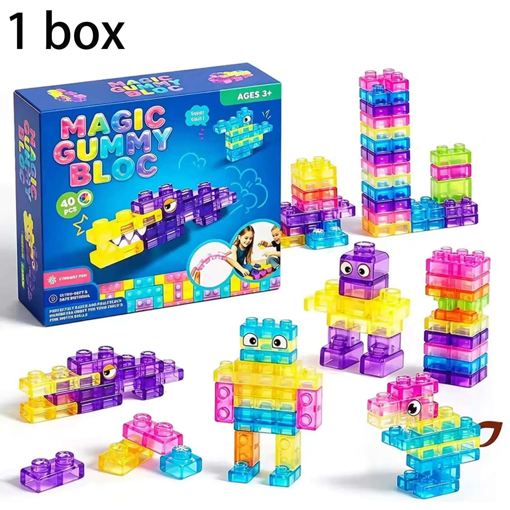 Flexible Twistable Transparent Gummy Bricks 40 Pcs, Reusable Tactile Building Kit, Desktop Ornament, Party Favor Supplies