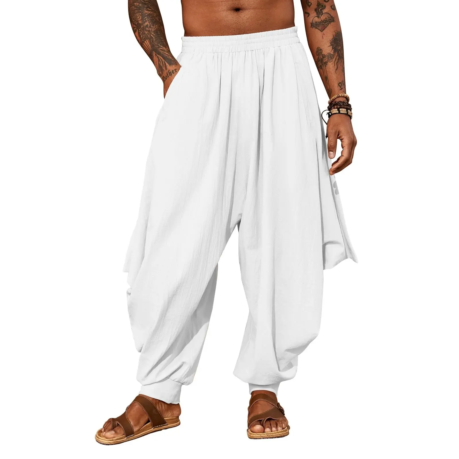 Runcati Men's Harem Pants - Menswear, Oversized Plain Casual Loose Linen Yoga Beach Boho Aladdin Genie Pants, Boho Clothes