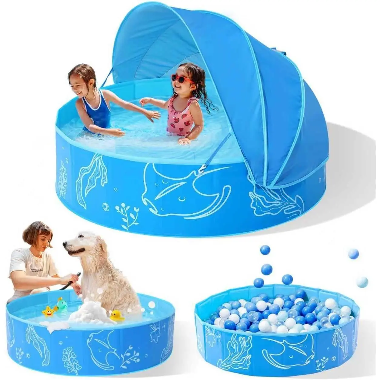 Foldable Canopy Plastic Pool for Baby Toddler Family, 47 in Size (Blue-Blue), Portable Outdoor Water Play Pool with Shade for Backyard Beach, Home Supplies Gift (Available in 31.5 in/63 in Sizes)