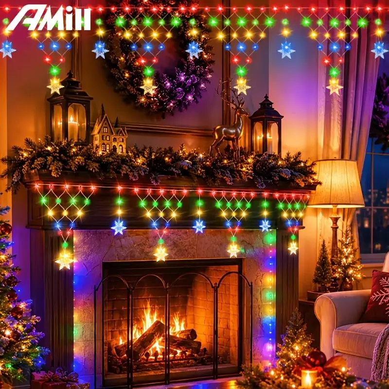 600cm/236inch USB Powered Snowflake Triangle Grid Lights, IP44 LED Holiday Decoration String Lights, for Yard Fence, Entry Arch, Patio, Party, Christmas Window Display