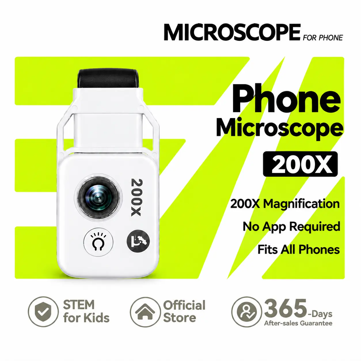 200X Phone Microscope Clip-On Lens, Smartphone Microscope for Kids and Adults, HD Magnification, No App Required, Portable Microscope for Plants, Coins, Insects, Jewelry and More