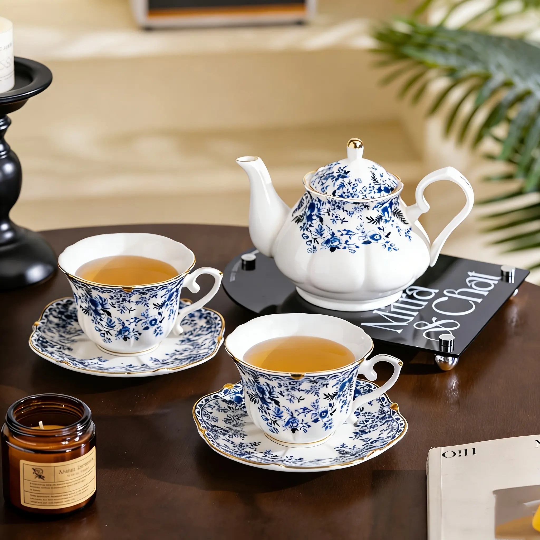 5pcs Ceramic Tea Set, Featuring Blue Floral Patterns And Golden Edges, Including 1 Teapot, 2 Cups, 2 Cup And Saucer Sets, European-Style Flower Tea Pot 29Oz, 8Oz Coffee Cup And Saucer, Afternoon Tea Set, for Family Dining, Hotel, Garden Parties