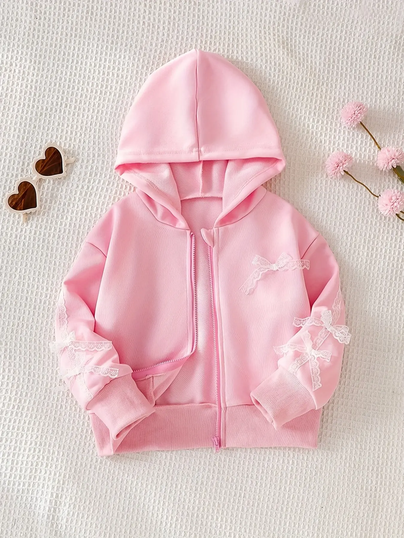 Girls' Spring Summer Korean Style Sweet Princess Lace Bow Zipper Hooded Long Sleeve Sweatshirt Coat, Perfect for Daily Wear, Aesthetic Hoodie, Comfy Sweatshirt