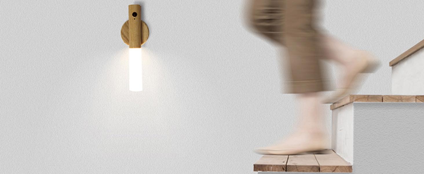 Wooden Motion Sensor Night Lights, Magnet Body Hallway Lamp, Rechargeable LED Wall Sconces, Portable for Stairway Bedroom, Battery Powered (White Ash Wood 2PC)