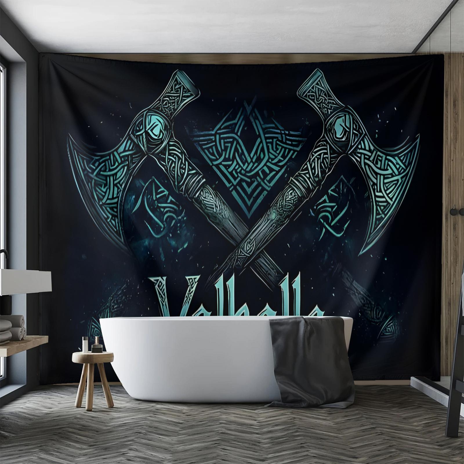 Fantasy Axe Theme Banner with Celtic Knots and Stars, Vibrant Blue Wall Art for Living Room Bedroom Office Party Backdrop, High-Quality Peach Beige Fabric Home Decor
