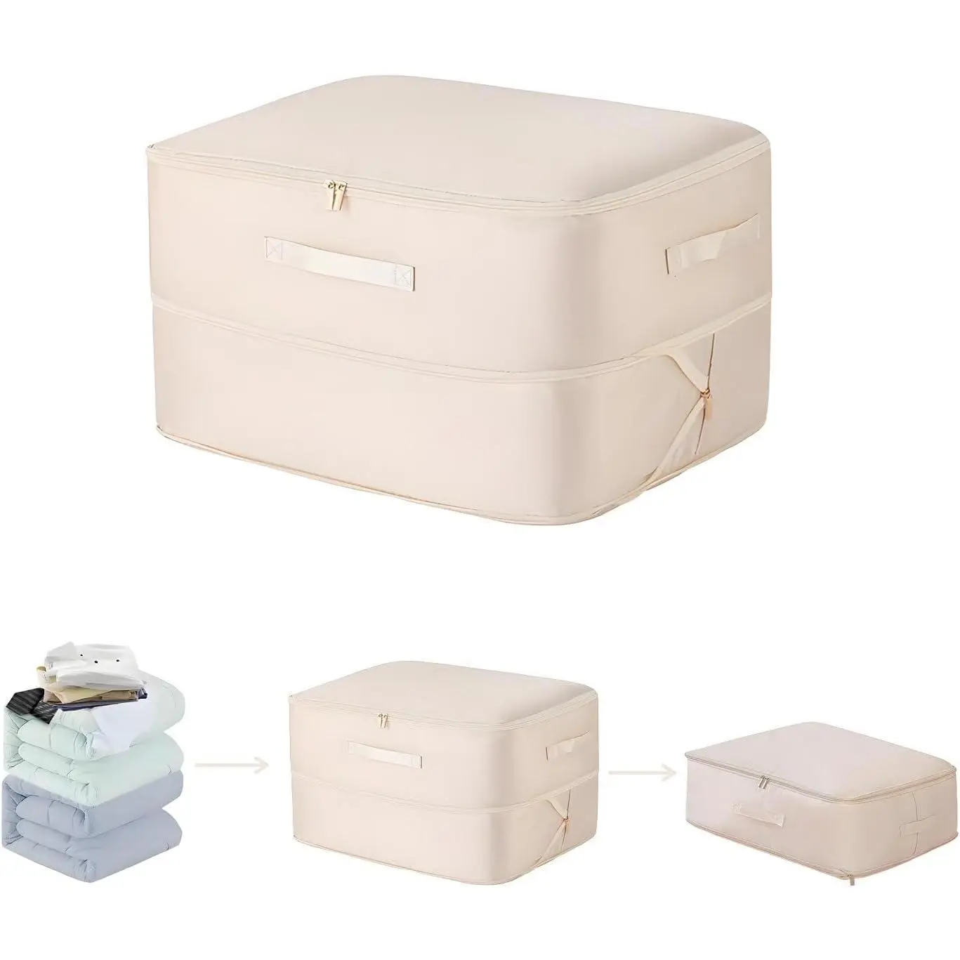 Ultra Space Saving Self Compression Organizer, Large Capacity Storage Bag, Thick Satin Fabric Heavy Duty Bags for Comforters Blankets Bedding Duvet (Beige, Large, 21x17x12in)