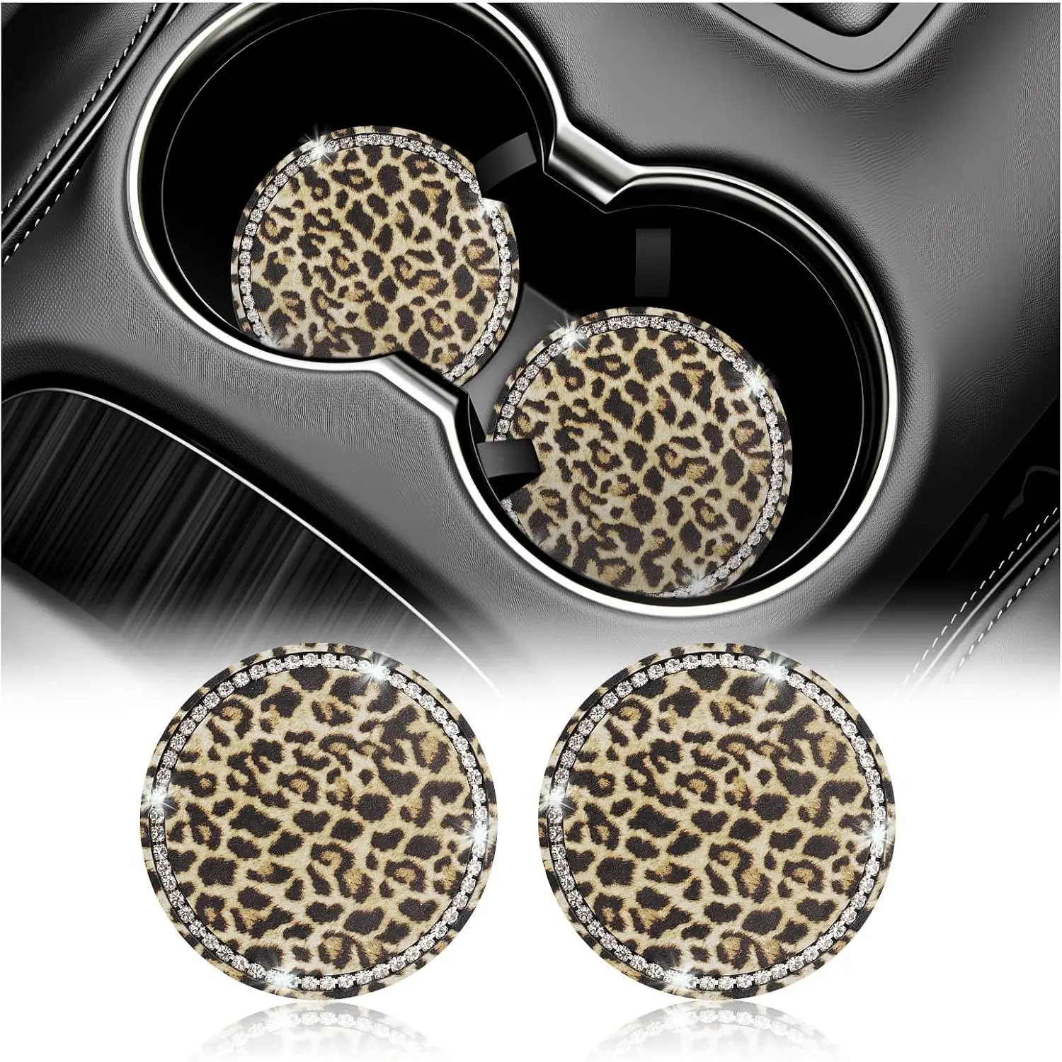 2 count Bling Leopard Print  Coasters for Cup Holders,Sparkling Rhinestone  Cup Holder Coasters for Reducing Noise & ,Anti-Slip 2.76"  Cupholder Coaster (Brown)