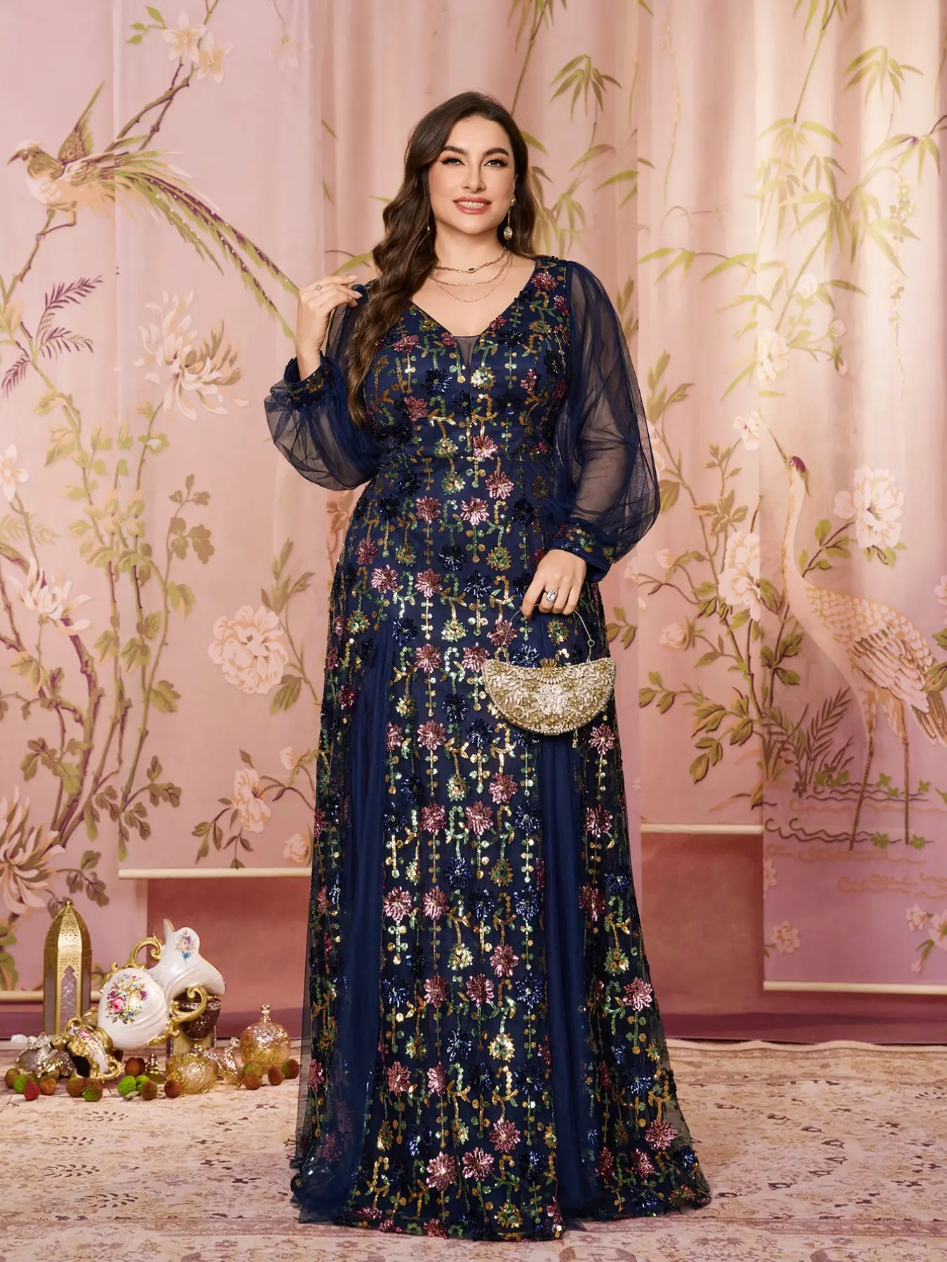 New Plus Size Women's V Neck Mesh Lantern Sleeve Long Sleeve Sequin Embroidery Floral Elegant Glamorous Formal Evening Party Dress