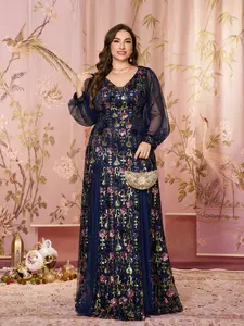 New Plus Size Women's V Neck Mesh Lantern Sleeve Sequin Embroidery Floral Elegant Glamorous Evening Party Dress