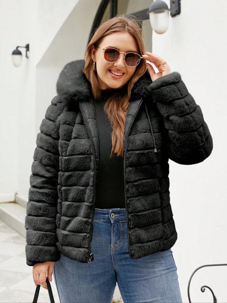 Women's Plus Size Hooded Jacket with Faux Fur Lining, Casual Fall & Winter Reversible Padded Coat, Warm Woven Fabric Outerwear